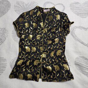 100%‎ Silk Women's Black and Gold Chinese Blouse Tang/Hangzhou